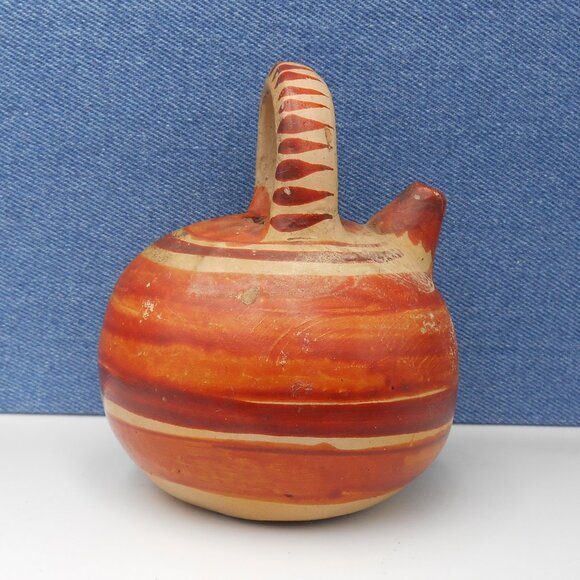 VINTAGE SMALL MEXICAN CLAY POT HAND PAINTED POTTERY WATER JUG FOLK ART TONALA - Picture 1 of 8